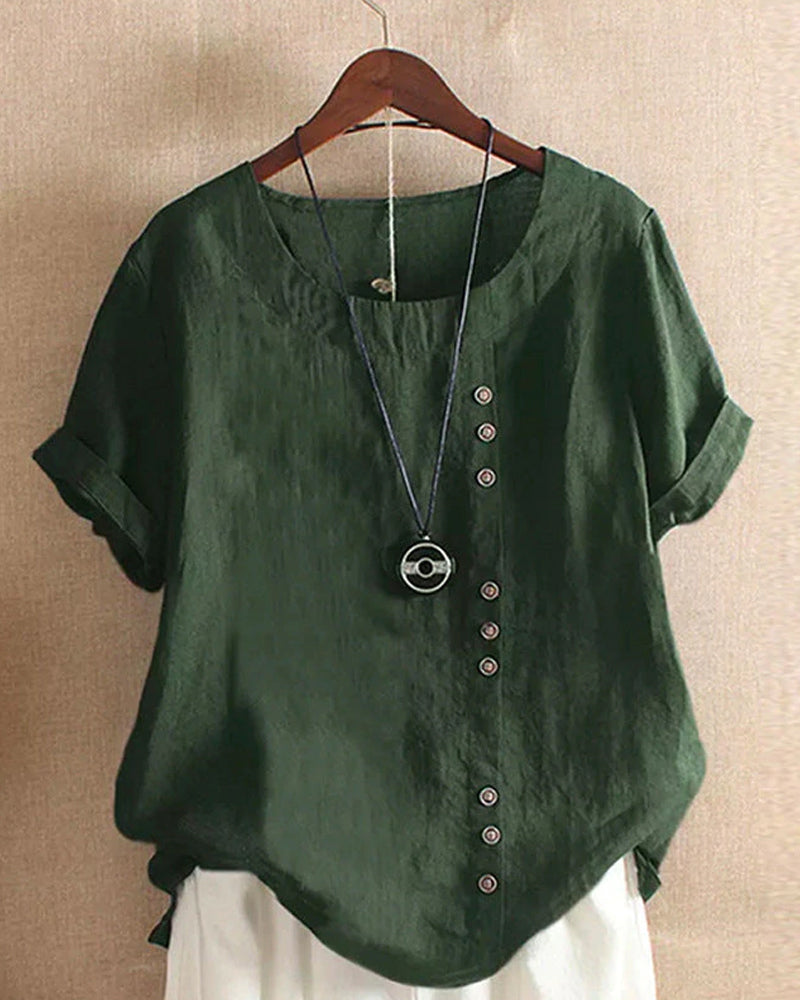 Linen Blouse - Women's Loose Fit Short Sleeve Linen T-Shirt-Grace Aura