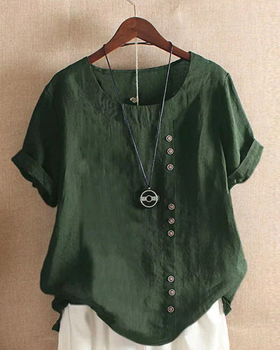 Linen Blouse - Women's Loose Fit Short Sleeve Linen T-Shirt-Grace Aura
