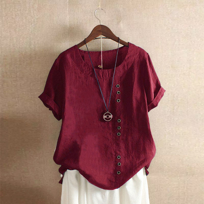 Linen Blouse - Women's Loose Fit Short Sleeve Linen T-Shirt-Grace Aura