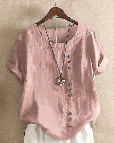 Linen Blouse - Women's Loose Fit Short Sleeve Linen T-Shirt-Grace Aura