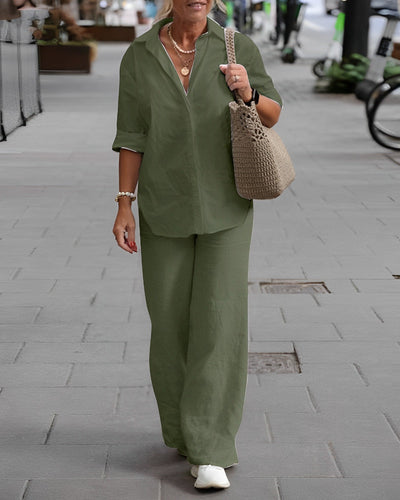 Linen Co-Ord Set | Long Sleeve | Wide Leg | Two-Piece Set | Women's Clothing-Grace Aura