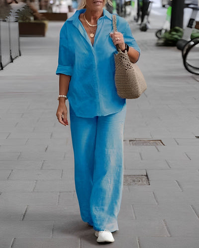 Linen Co-Ord Set | Long Sleeve | Wide Leg | Two-Piece Set | Women's Clothing-Grace Aura