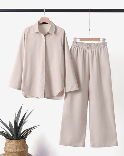 Linen Co-Ord Set | Long Sleeve | Wide Leg | Two-Piece Set | Women's Clothing-Grace Aura