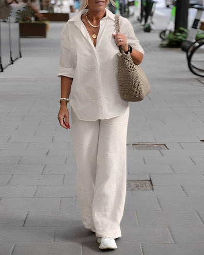 Linen Co-Ord Set | Long Sleeve | Wide Leg | Two-Piece Set | Women's Clothing-Grace Aura