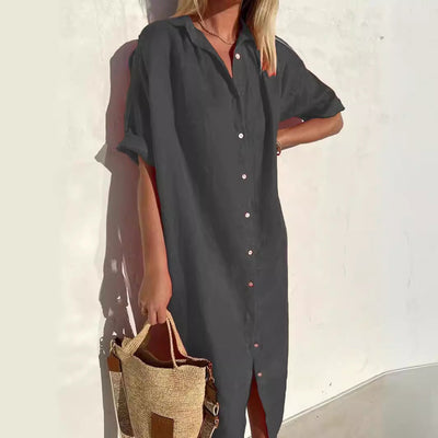 Linen Dress | Button-Up | Short Sleeve | Shirt Dress | Summer Dress-Grace Aura