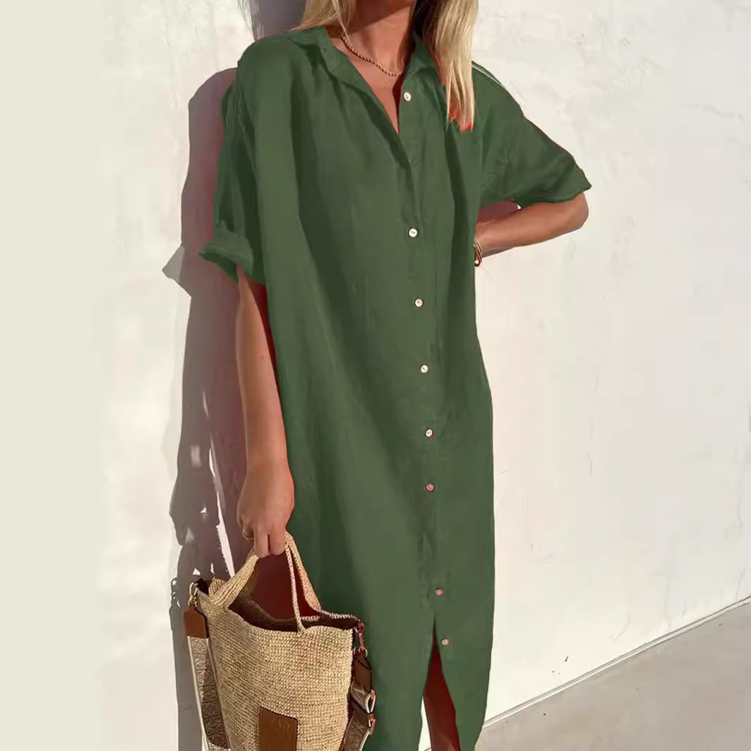 Linen Dress | Button-Up | Short Sleeve | Shirt Dress | Summer Dress-Grace Aura
