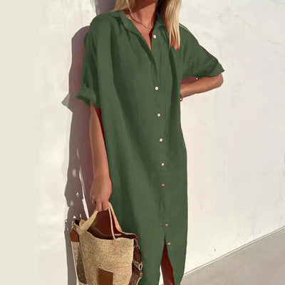 Linen Dress | Button-Up | Short Sleeve | Shirt Dress | Summer Dress-Grace Aura