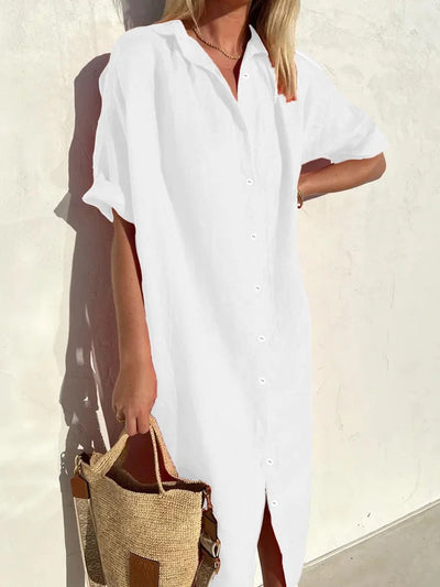 Linen Dress | Button-Up | Short Sleeve | Shirt Dress | Summer Dress-Grace Aura