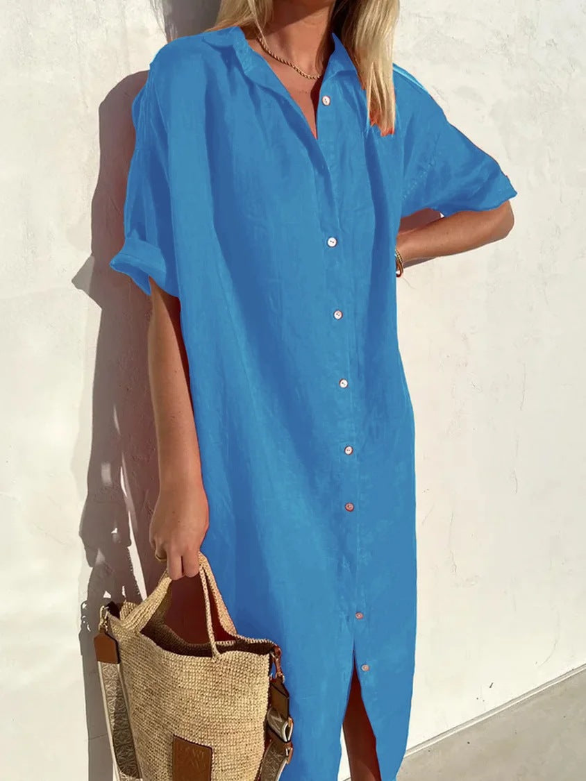 Linen Dress | Button-Up | Short Sleeve | Shirt Dress | Summer Dress-Grace Aura