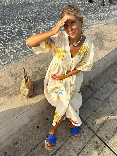 Linen Dress - Women's Loose Fit Button-Up Midi Summer Dress-Grace Aura