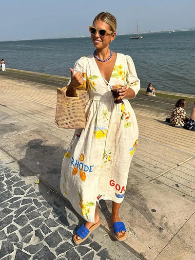 Linen Dress - Women's Loose Fit Button-Up Midi Summer Dress-Grace Aura