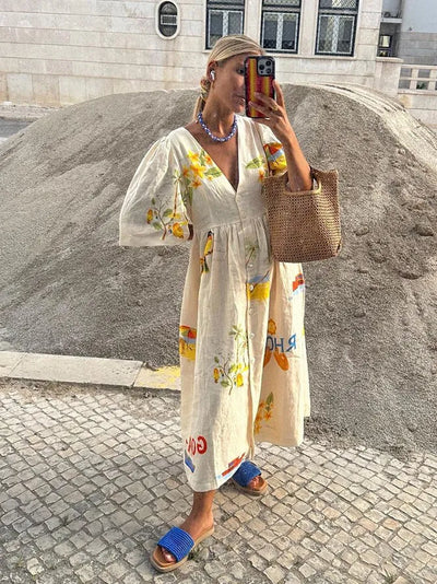 Linen Dress - Women's Loose Fit Button-Up Midi Summer Dress-Grace Aura