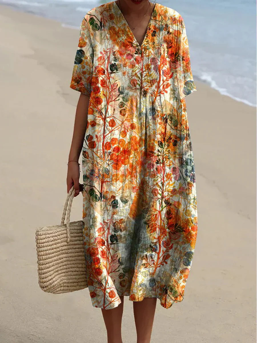 Linen Dress - Women's Short Sleeve Loose Fit Floral Midi Summer Dress-Grace Aura