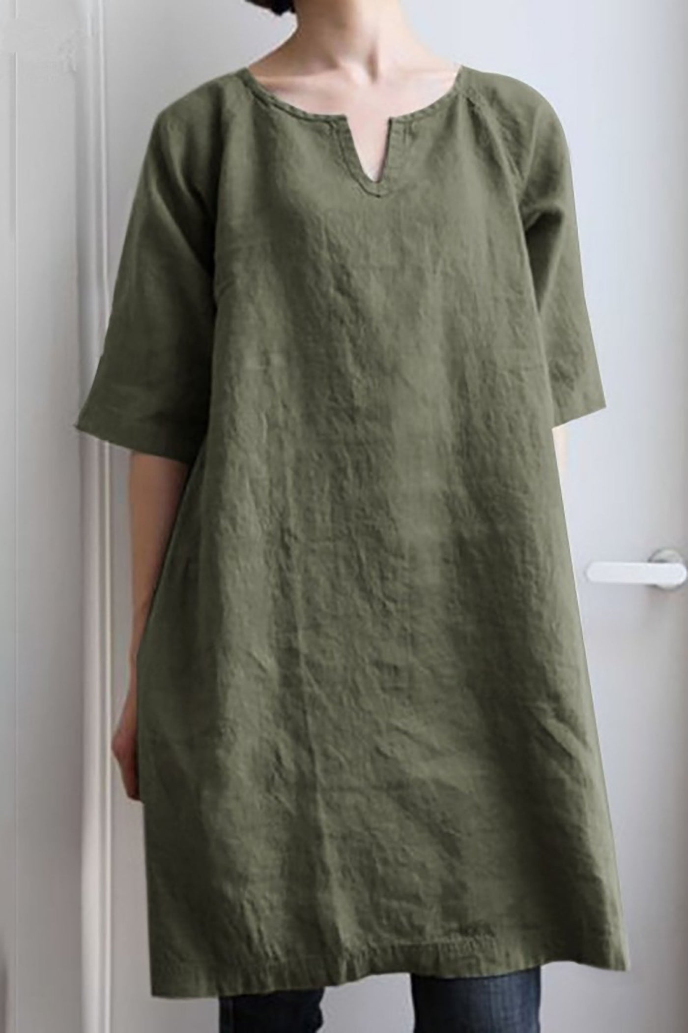 Linen Dress - Women's Short Sleeve Loose Fit Tunica Dress-Grace Aura