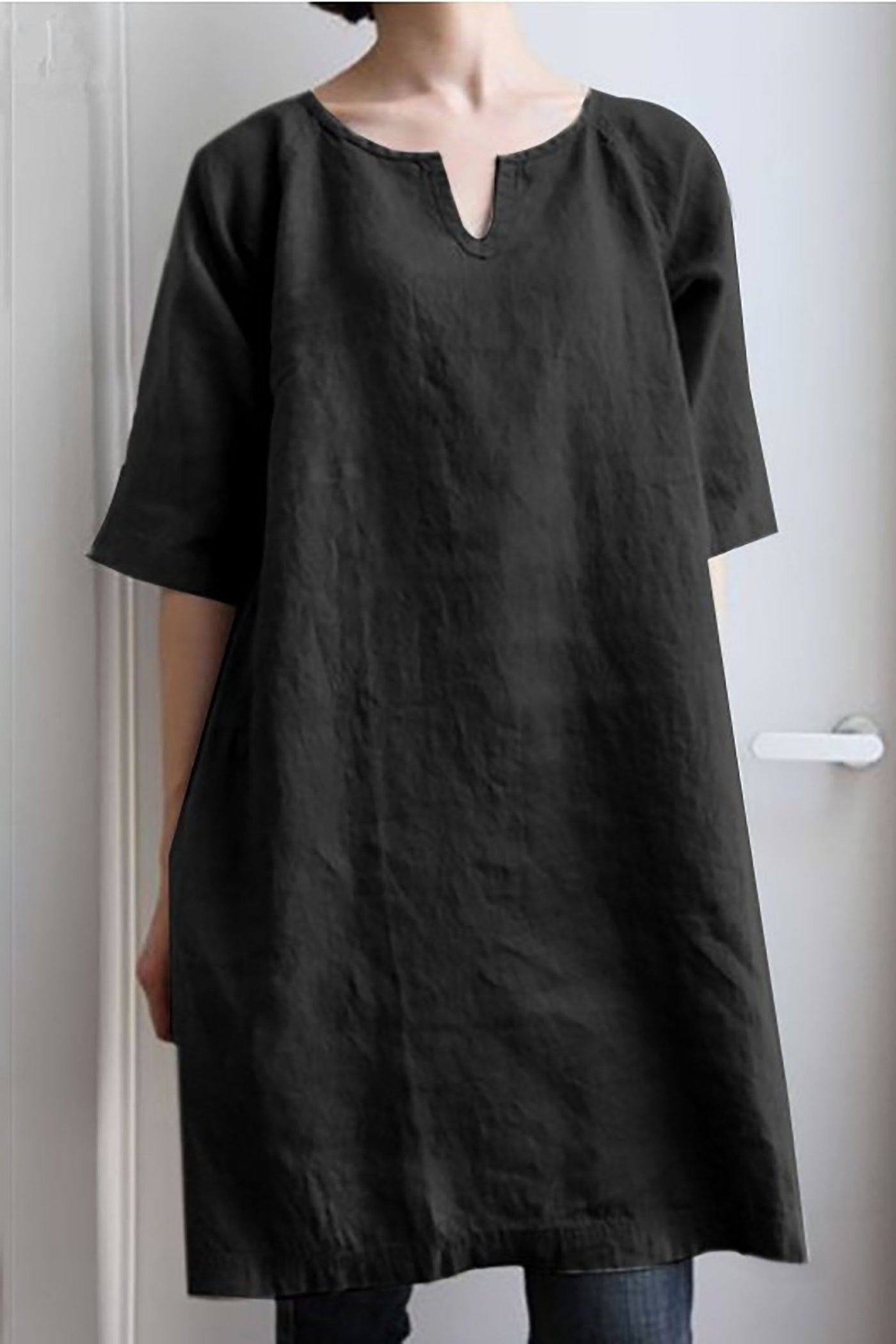 Linen Dress - Women's Short Sleeve Loose Fit Tunica Dress-Grace Aura