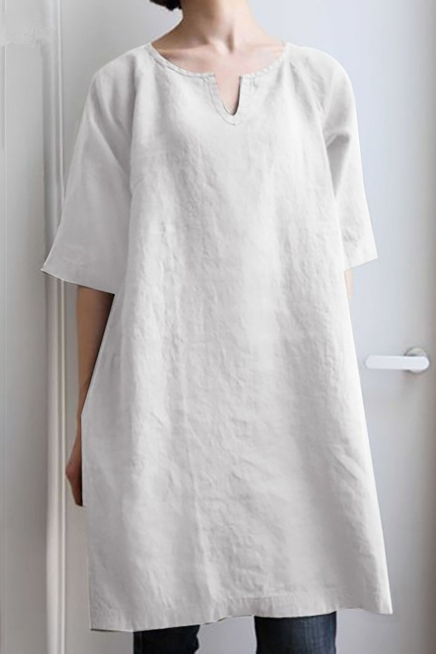 Linen Dress - Women's Short Sleeve Loose Fit Tunica Dress-Grace Aura