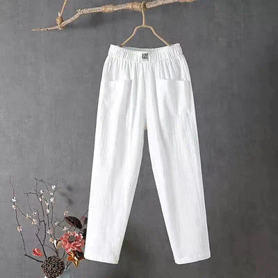 Linen Pants - Women's Loose Fit Elastic Waist Cotton Summer Pants-Grace Aura