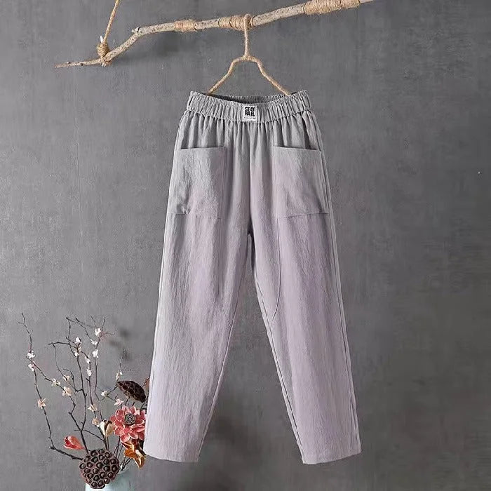 Linen Pants - Women's Loose Fit Elastic Waist Cotton Summer Pants-Grace Aura