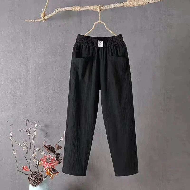Linen Pants - Women's Loose Fit Elastic Waist Cotton Summer Pants-Grace Aura