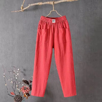Linen Pants - Women's Loose Fit Elastic Waist Cotton Summer Pants-Grace Aura