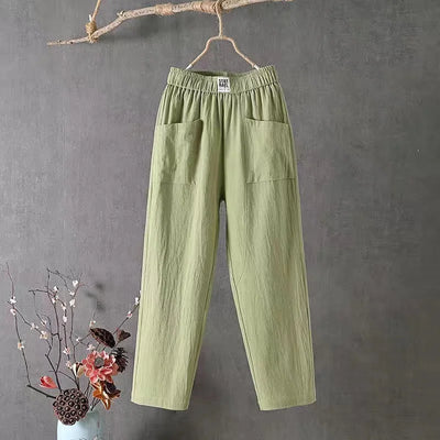 Linen Pants - Women's Loose Fit Elastic Waist Cotton Summer Pants-Grace Aura