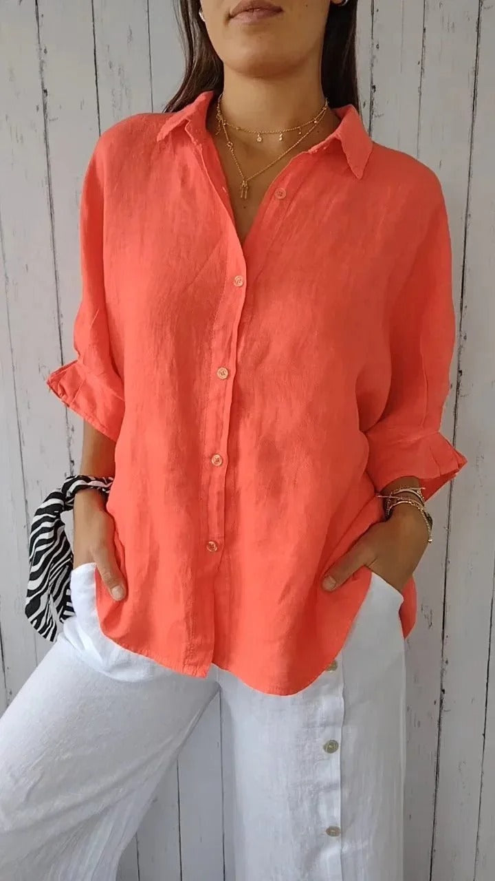 Linen Shirt - Women's Lightweight Long Sleeve Button-Up Blouse for Summer-Grace Aura