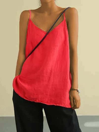 Linen Top - Women's Spagetti Strap Long Loose Fit Summer Top-Grace Aura