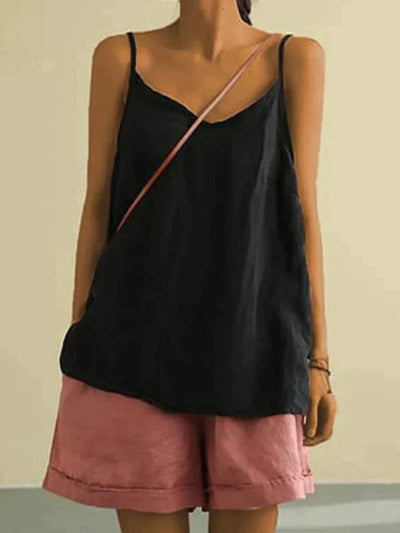 Linen Top - Women's Spagetti Strap Long Loose Fit Summer Top-Grace Aura