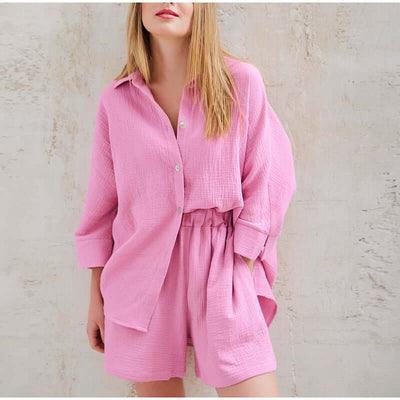 Linen Two-Piece Set | Button-Up | Summer | Shorts and Shirt Set | Linen Co-Ord Set Women-Grace Aura