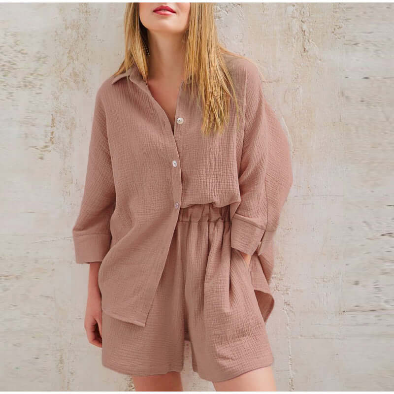Linen Two-Piece Set | Button-Up | Summer | Shorts and Shirt Set | Linen Co-Ord Set Women-Grace Aura