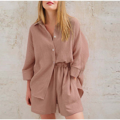 Linen Two-Piece Set | Button-Up | Summer | Shorts and Shirt Set | Linen Co-Ord Set Women-Grace Aura