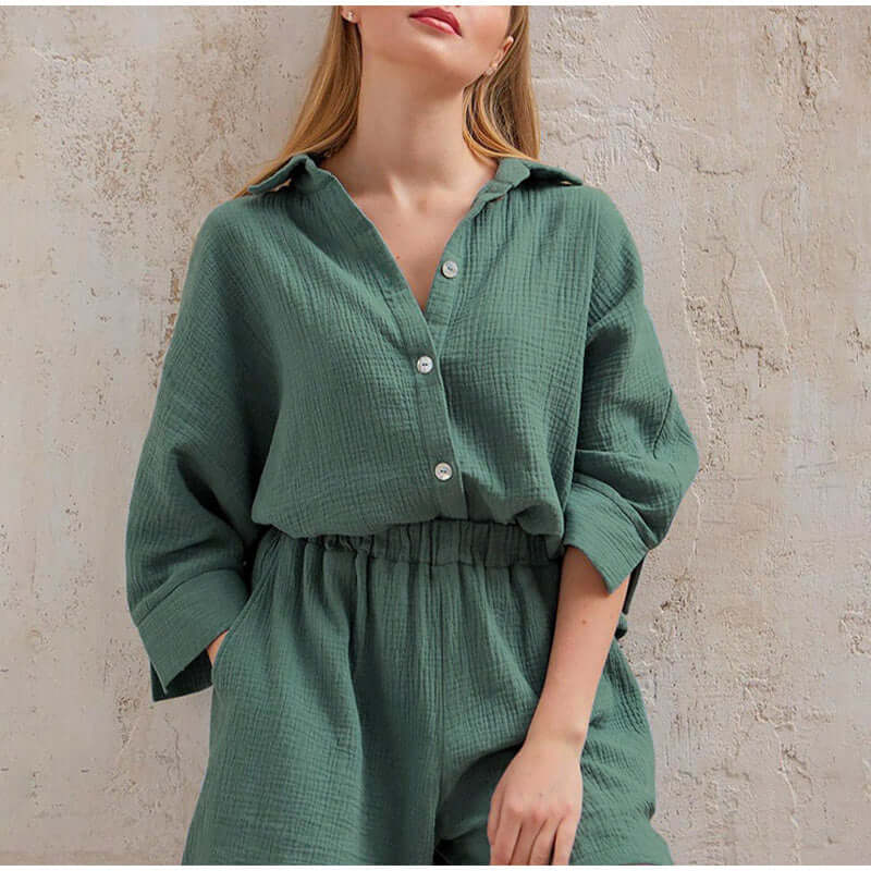 Linen Two-Piece Set | Button-Up | Summer | Shorts and Shirt Set | Linen Co-Ord Set Women-Grace Aura
