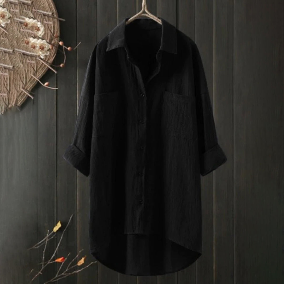 Long Blouse - Women's Collared Loose Fit Long Sleeve Button-Up Shirt-Grace Aura
