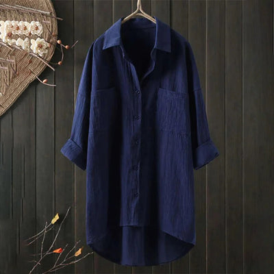 Long Blouse - Women's Collared Loose Fit Long Sleeve Button-Up Shirt-Grace Aura