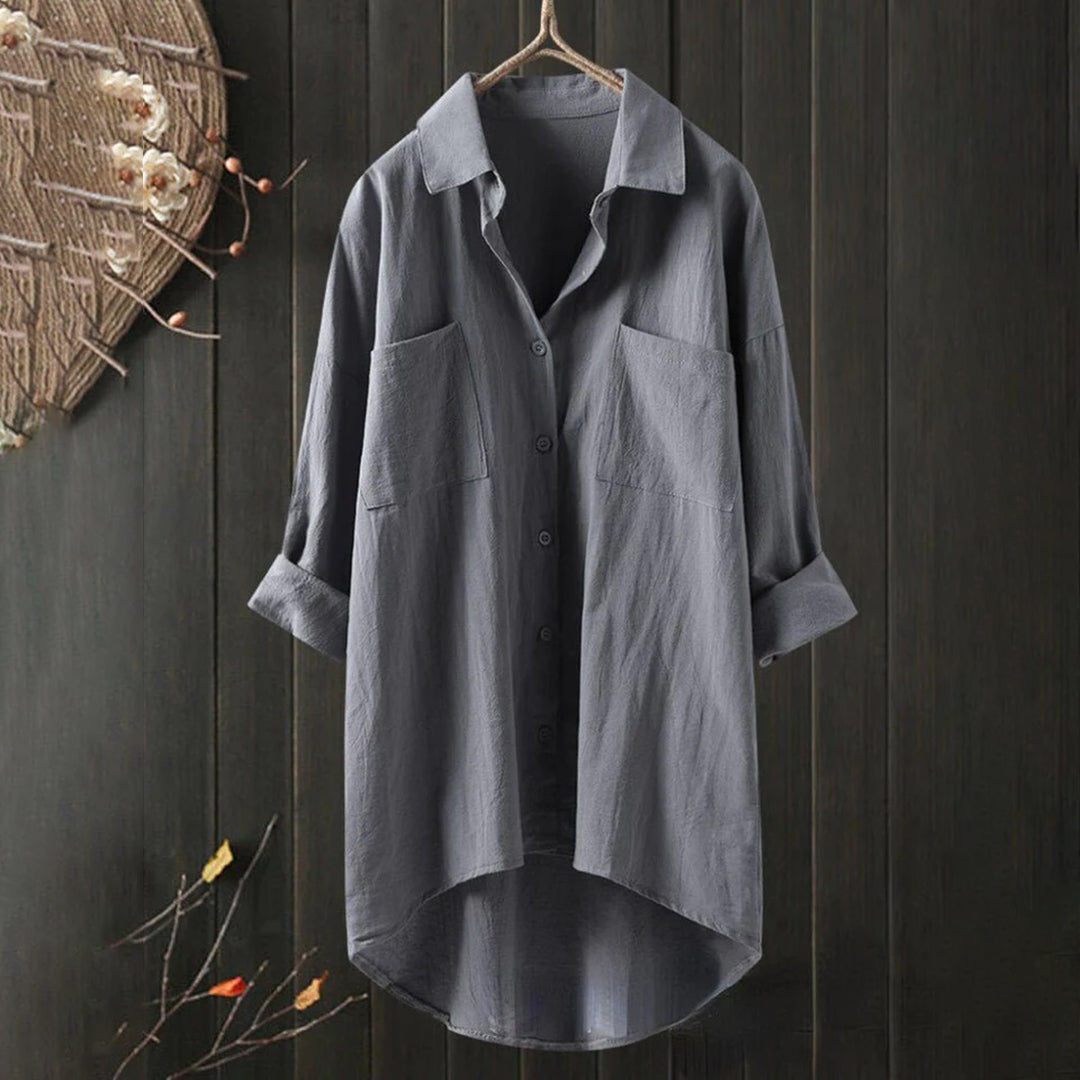 Long Blouse - Women's Collared Loose Fit Long Sleeve Button-Up Shirt-Grace Aura