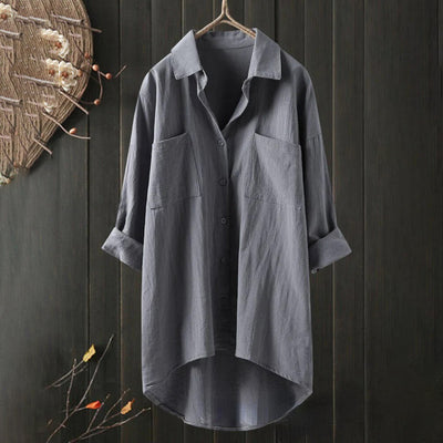 Long Blouse - Women's Collared Loose Fit Long Sleeve Button-Up Shirt-Grace Aura