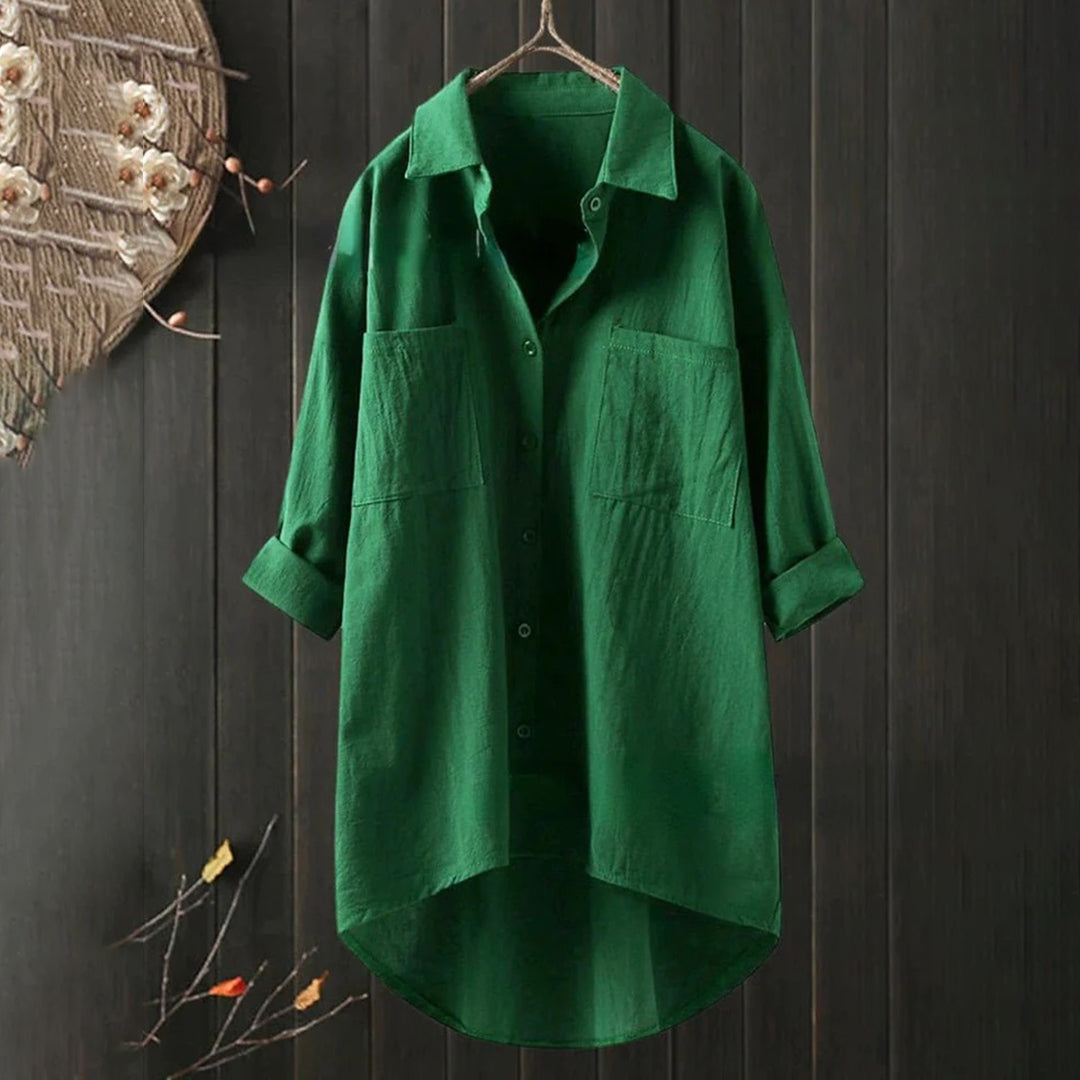 Long Blouse - Women's Collared Loose Fit Long Sleeve Button-Up Shirt-Grace Aura