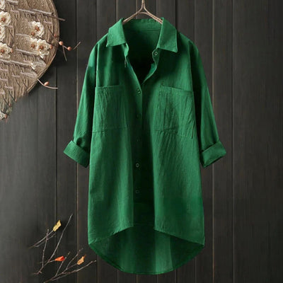 Long Blouse - Women's Collared Loose Fit Long Sleeve Button-Up Shirt-Grace Aura