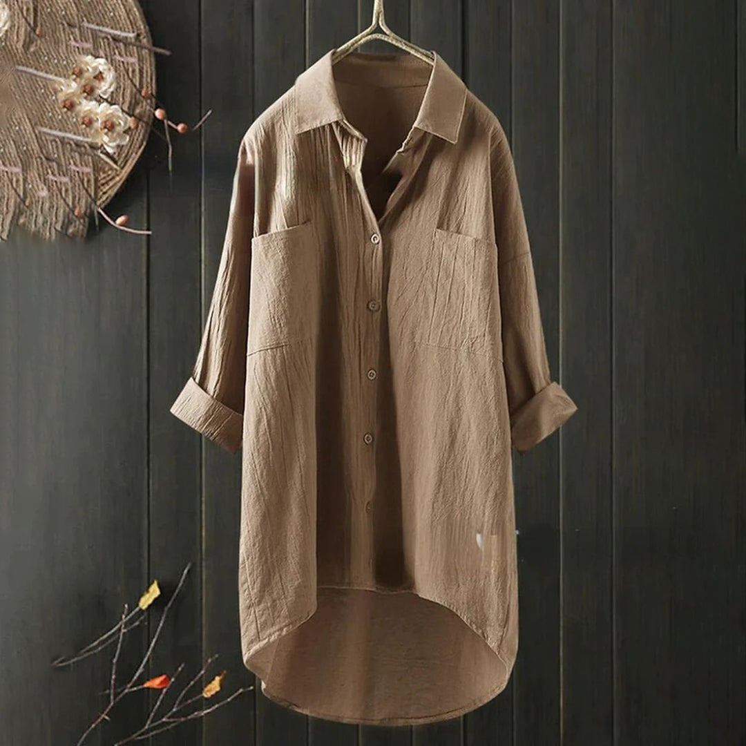 Long Blouse - Women's Collared Loose Fit Long Sleeve Button-Up Shirt-Grace Aura