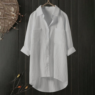 Long Blouse - Women's Collared Loose Fit Long Sleeve Button-Up Shirt-Grace Aura
