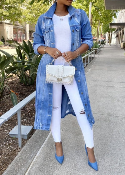  Long Denim Jacket | Ripped | Oversized | Jean Jacket | Women's Denim Jacket-Grace Aura