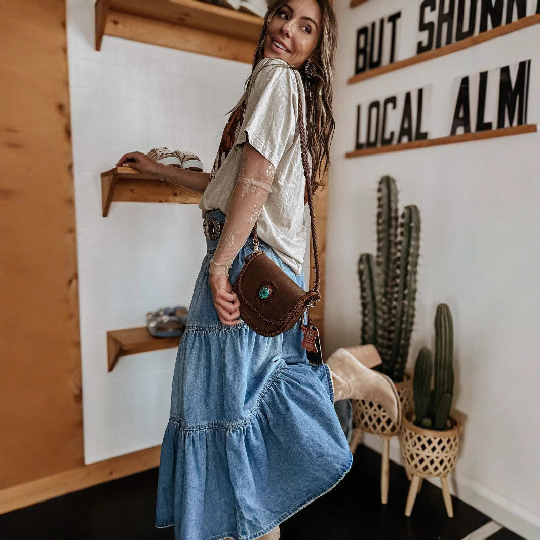 Long Denim Skirt - Women's High Waist Tiered Maxi Denim Skirt-Grace Aura