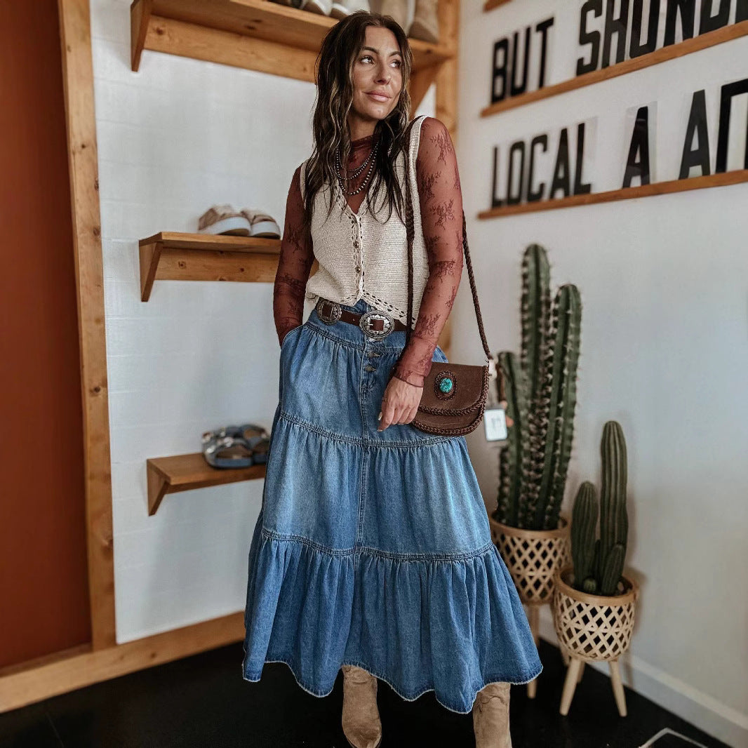 Long Denim Skirt - Women's High Waist Tiered Maxi Denim Skirt-Grace Aura