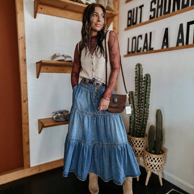 Long Denim Skirt - Women's High Waist Tiered Maxi Denim Skirt-Grace Aura