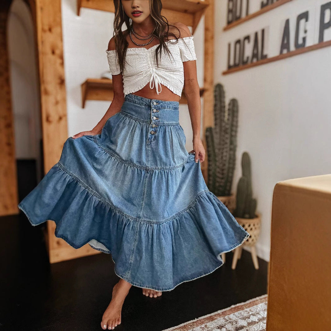 Long Denim Skirt - Women's High Waist Tiered Maxi Denim Skirt-Grace Aura