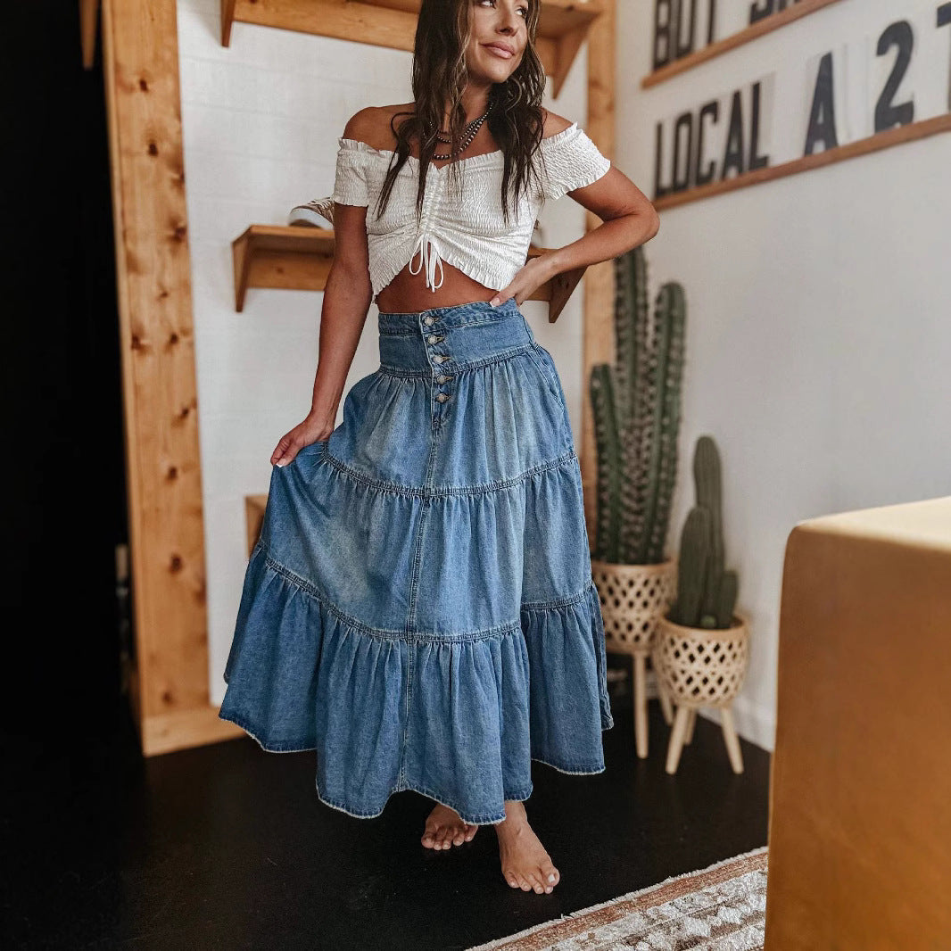 Long Denim Skirt - Women's High Waist Tiered Maxi Denim Skirt-Grace Aura