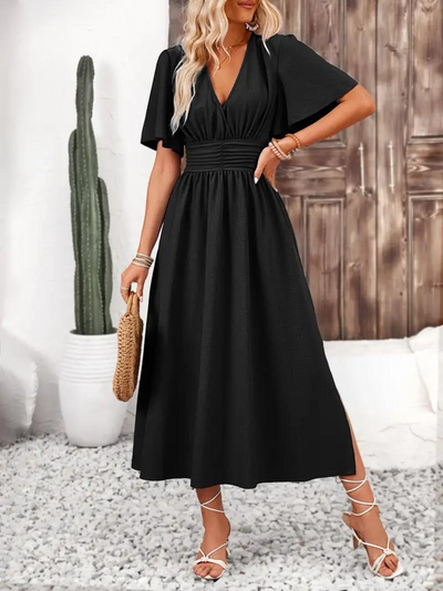 Long Dress - Short Sleeve - V Neck - Summer Dress - Maxi Sundress-Grace Aura