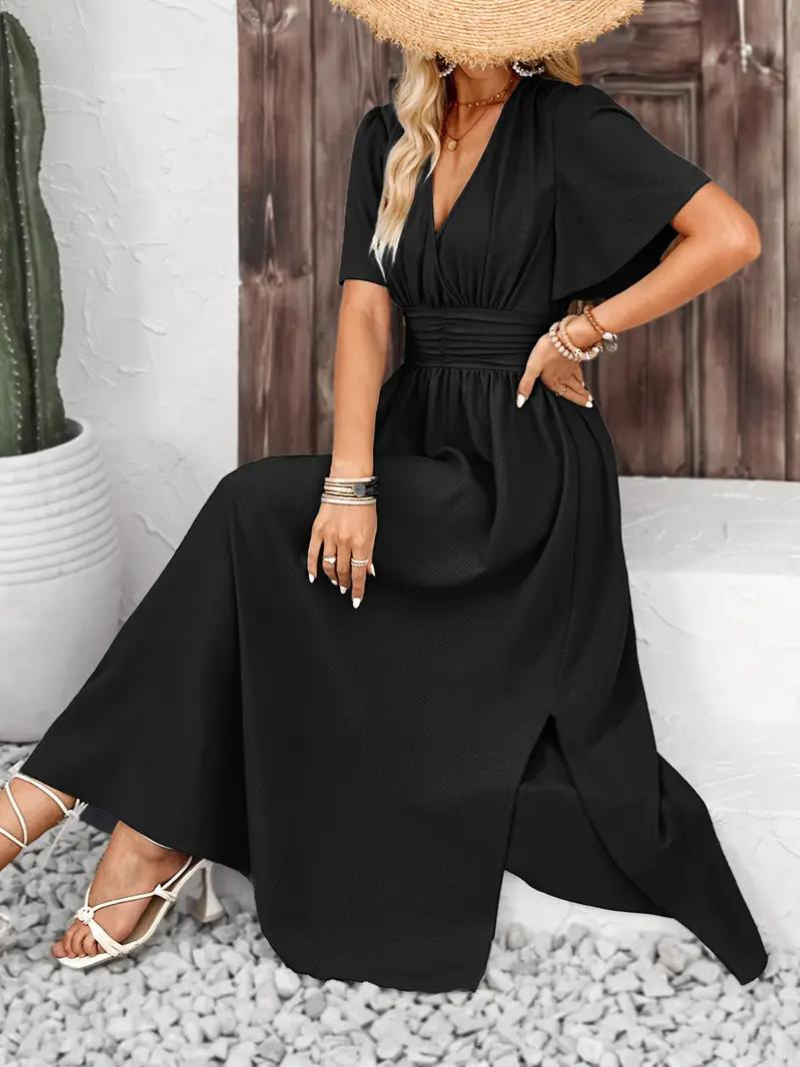 Long Dress - Short Sleeve - V Neck - Summer Dress - Maxi Sundress-Grace Aura