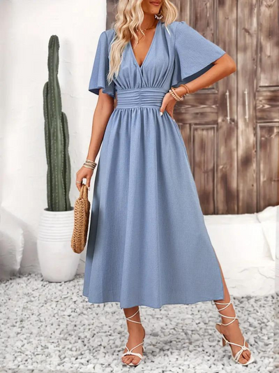 Long Dress - Short Sleeve - V Neck - Summer Dress - Maxi Sundress-Grace Aura