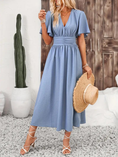 Long Dress - Short Sleeve - V Neck - Summer Dress - Maxi Sundress-Grace Aura